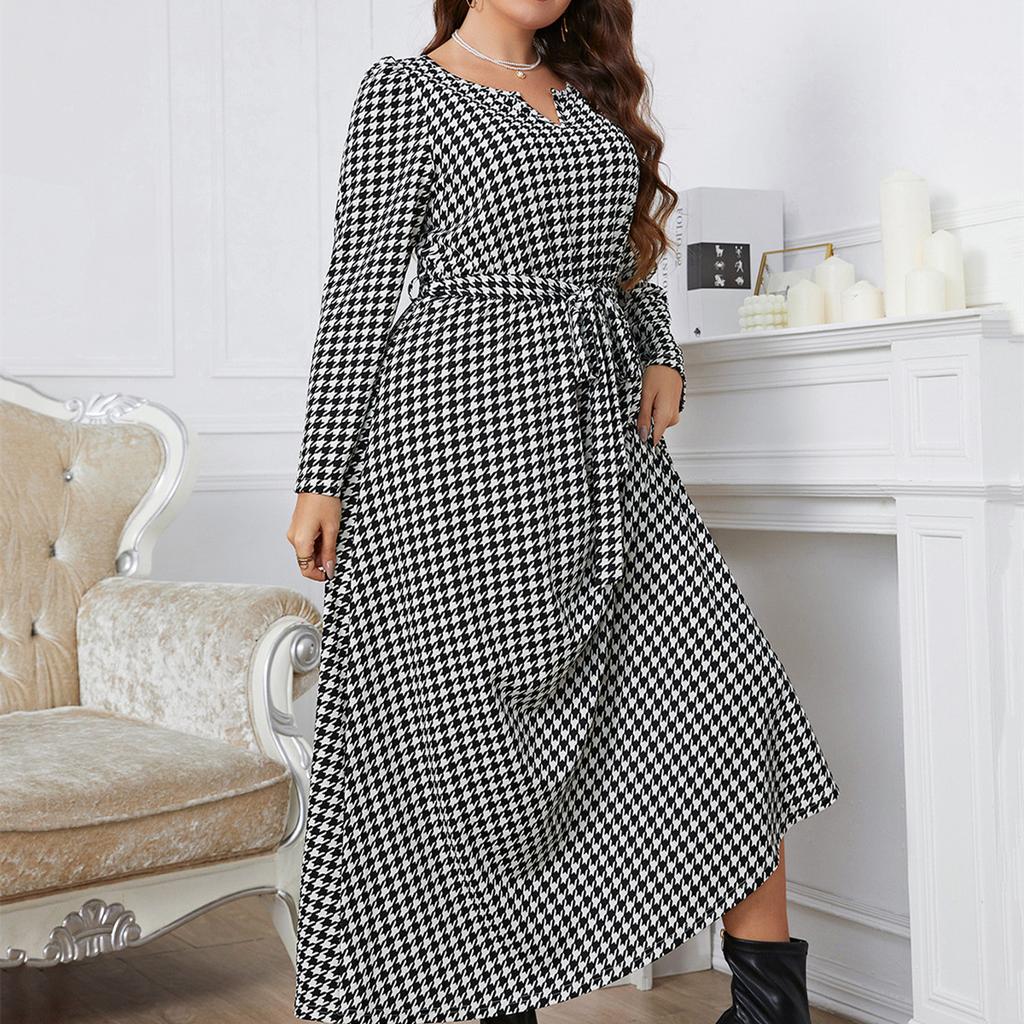 HNXC Женские модные осенние платья, повседневные платья с длинным рукавом и круглым вырезом в клетку с принтом
