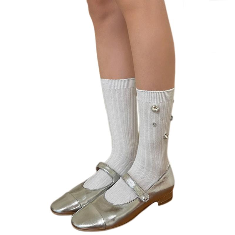 Womens Ribbed Crew Socks, Thin Comfort Breathable Rhinestone Socks, Above Ankle Crew Socks for Womens Schoold Girl