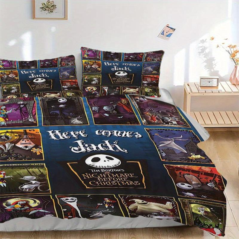 3pcs Jack Skellington Quilt Set, Soft and Comfortable Bedroom, Guest Room and Dorm Decor Bedding Set 1 Quilt Cover + 2 Pillowcases.F052