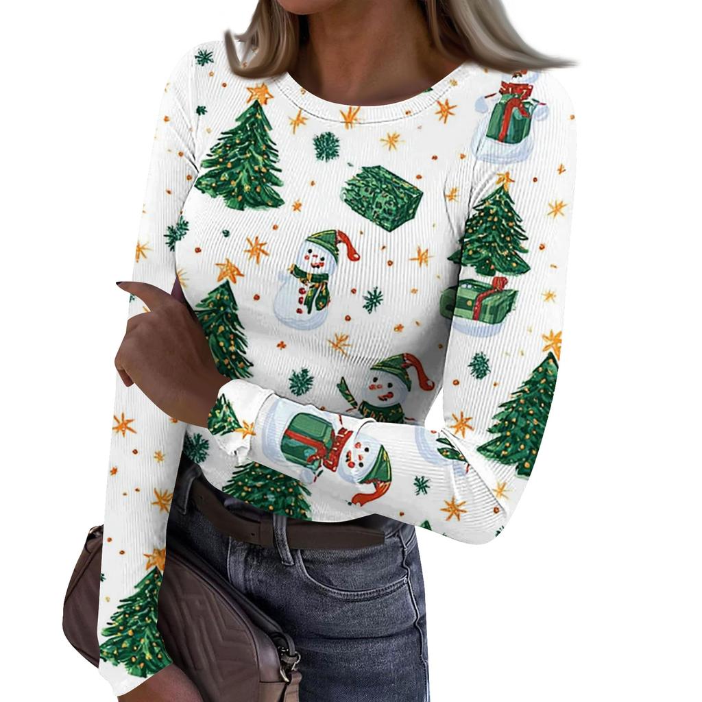 Women's Fashion Slim-Fit Round Neck Base Layer T-Shirt Christmas Print Long-Sleeved Top