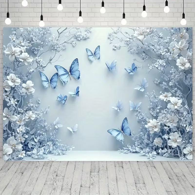 2D Hanging Blue White Butterfly Photo Booth Background