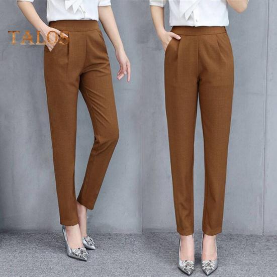 Women Pants Elastic High Waist Solid Color Slim Fit Trousers with Pockets Casual Commuting Style Office Lady Pants