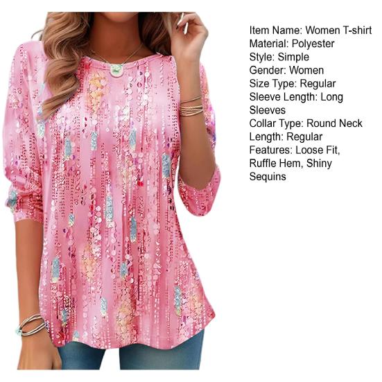 Женские топы с круглым вырезом и длинными рукавами, рюшами по краю, блестящие футболки с блестками, свободный крой, однотонные пуловеры, топы, уличная одежда