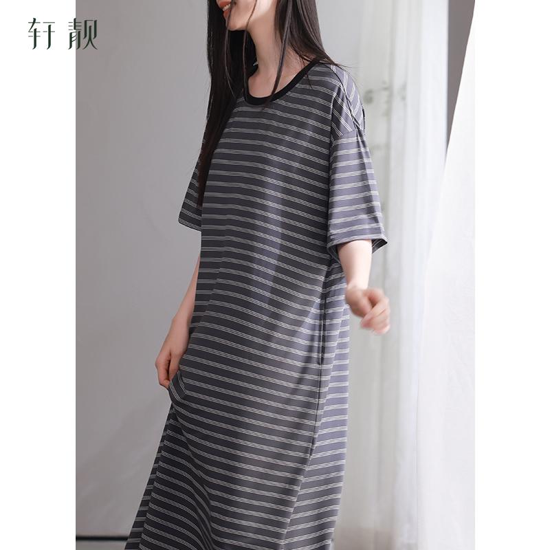 Xuan Liang Sleeping Skirt Women's Summer Thin Modal Cotton Short Sleeve Ultra Long Dress Striped Pajama Ice Silk Cool Home Clothes