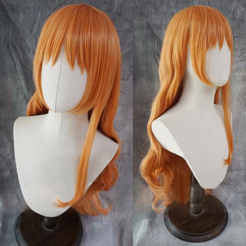 Professional Adult Nami Cosplay Wig 75cm Long Curly Wave Orange Heat Resistant Synthetic Hair Anime EVA Women Girl Wigs + Wig Cap