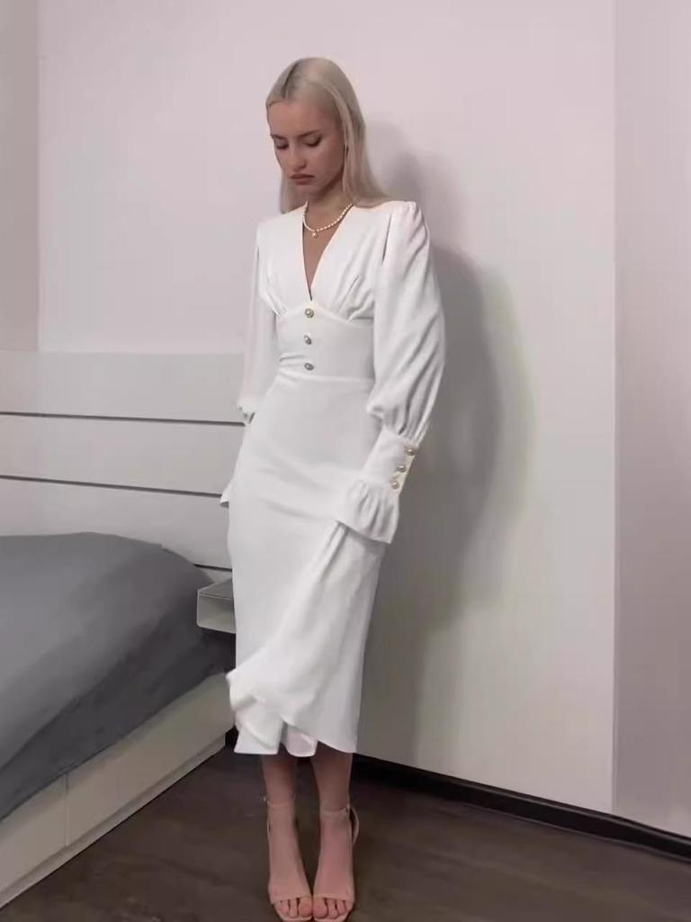 2024 Осень Женское Однотонное Элегантное Платье с V-образным Вырезом, Поясом на Талии, Приталенное, с Длинным Рукавом