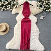 Sexy High-neck Sleeveless Knitted Dress Women's Elastic Tight-fitting Body-hugging Dress Slit Design Long Dress