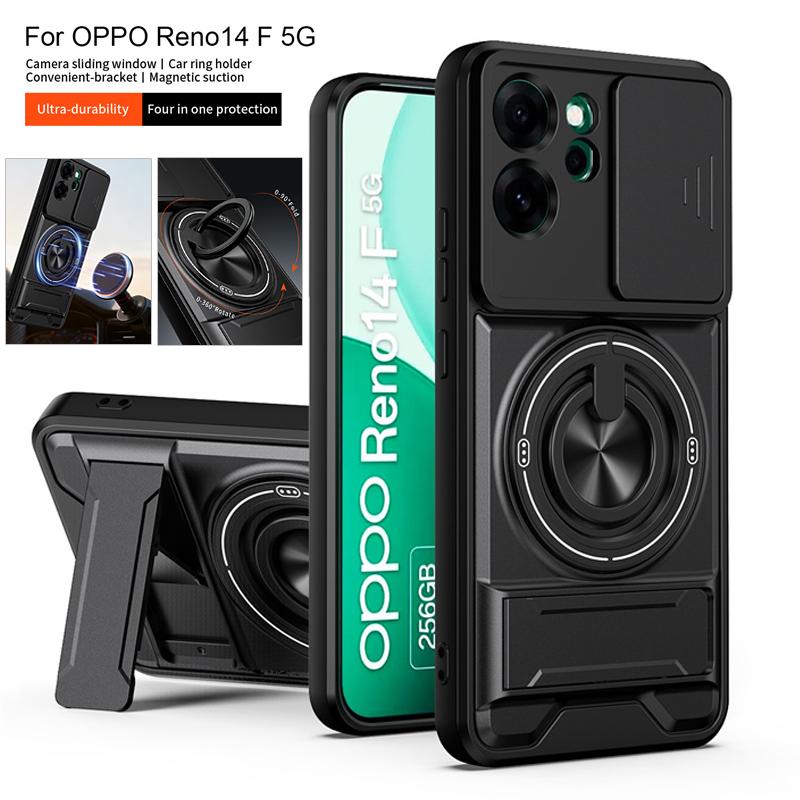 Для OPPO Reno 14F 5G Чехол Бронированный Держатель Кольцо Магнитная Подставка Задняя Крышка для Reno14F 14 F 5G Слайдер для Камеры Защита Объектива Funda