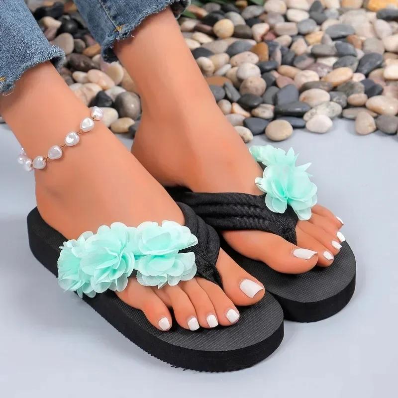 New Summer Women's Fashion Flower Designer Anti-Slip Thick-Soled Sandals Outdoor Open-Toe Vacation Beach Women's Slippers