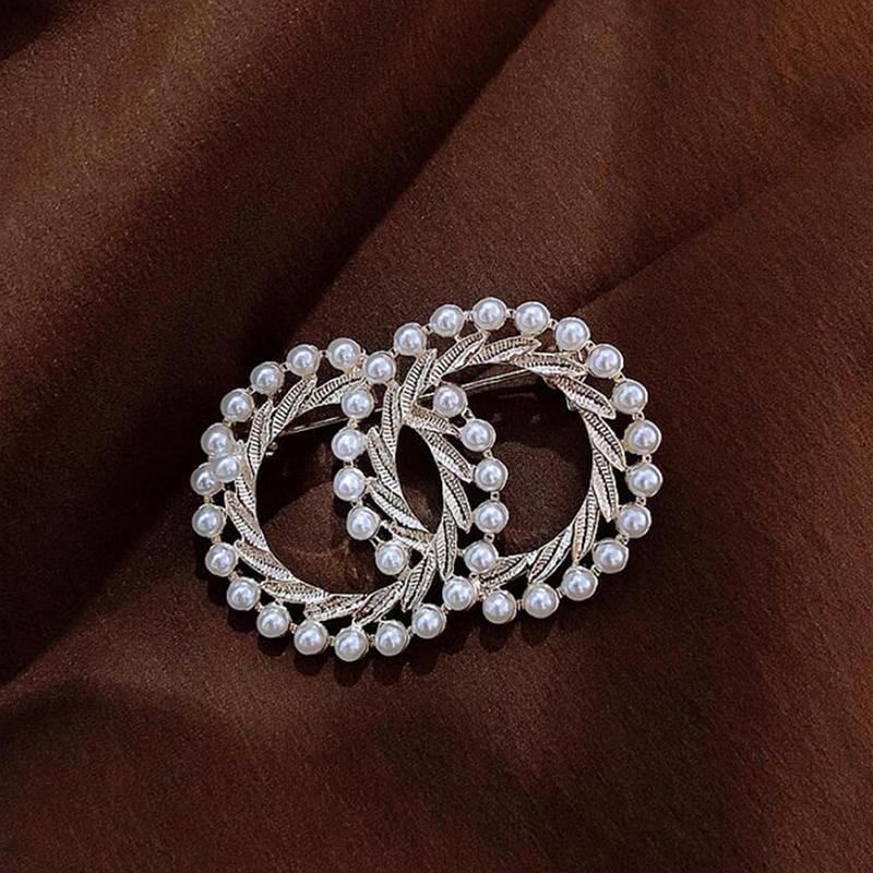 Pearl Colorful Enamel Double Circle Brooch Coat Scarf Pin Luxury Jewelry
