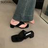 Fashion SUOJIALUN 2024 Summer New Brand Women Slipper Fashion Med Square Heel Outdoor Slides Shoes Ladies Casual Vaction Flip Flops Sand