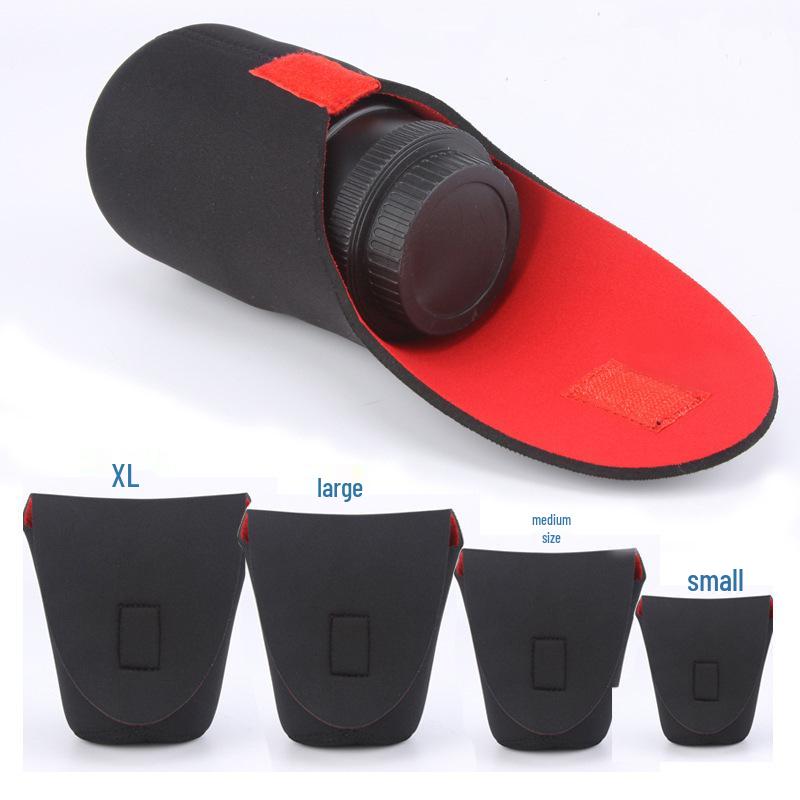Neoprene Red & Black SLR Camera Lens Pouch - Elastic Protective Storage Bag