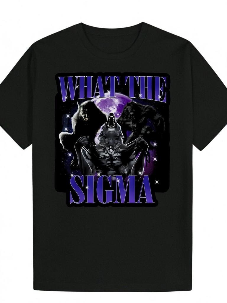 Mens Vintage Dark Humor Graphic TShirt WHAT THE SIGMA Bold Text with Horror Animal Celestial Print Black Casual Short Sleeve