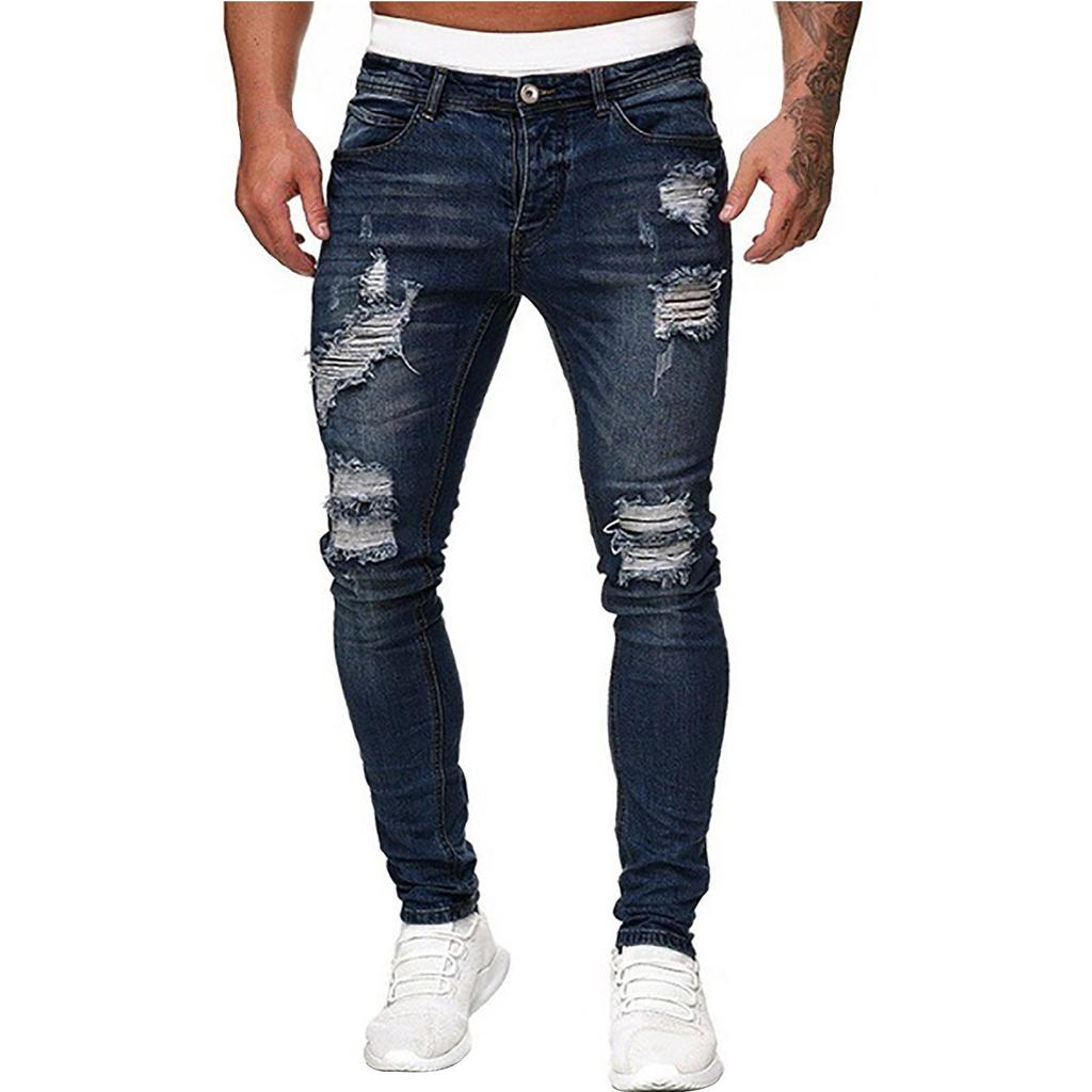 Men's Casual Stretch Jeans Fashion Personality Ripped Holes Slim Stretch Small Feet Motorcycle Jeans