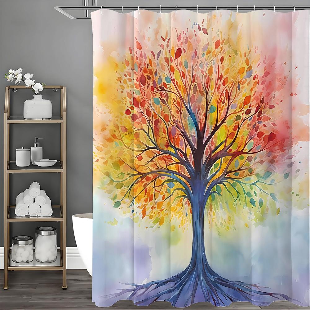 Colorful Tree Abstract Art Oil Painting Shower Curtain, Cute Natural Art Bathroom Decorative Shower Curtain, Waterproof Shower C
