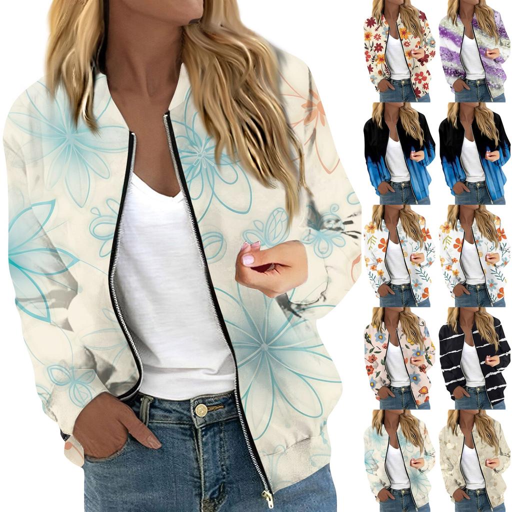 Женская куртка с длинным рукавом, легкая, на молнии, укороченная, с цветочным принтом, верхняя одежда, повседневная, стеганая куртка с карманами