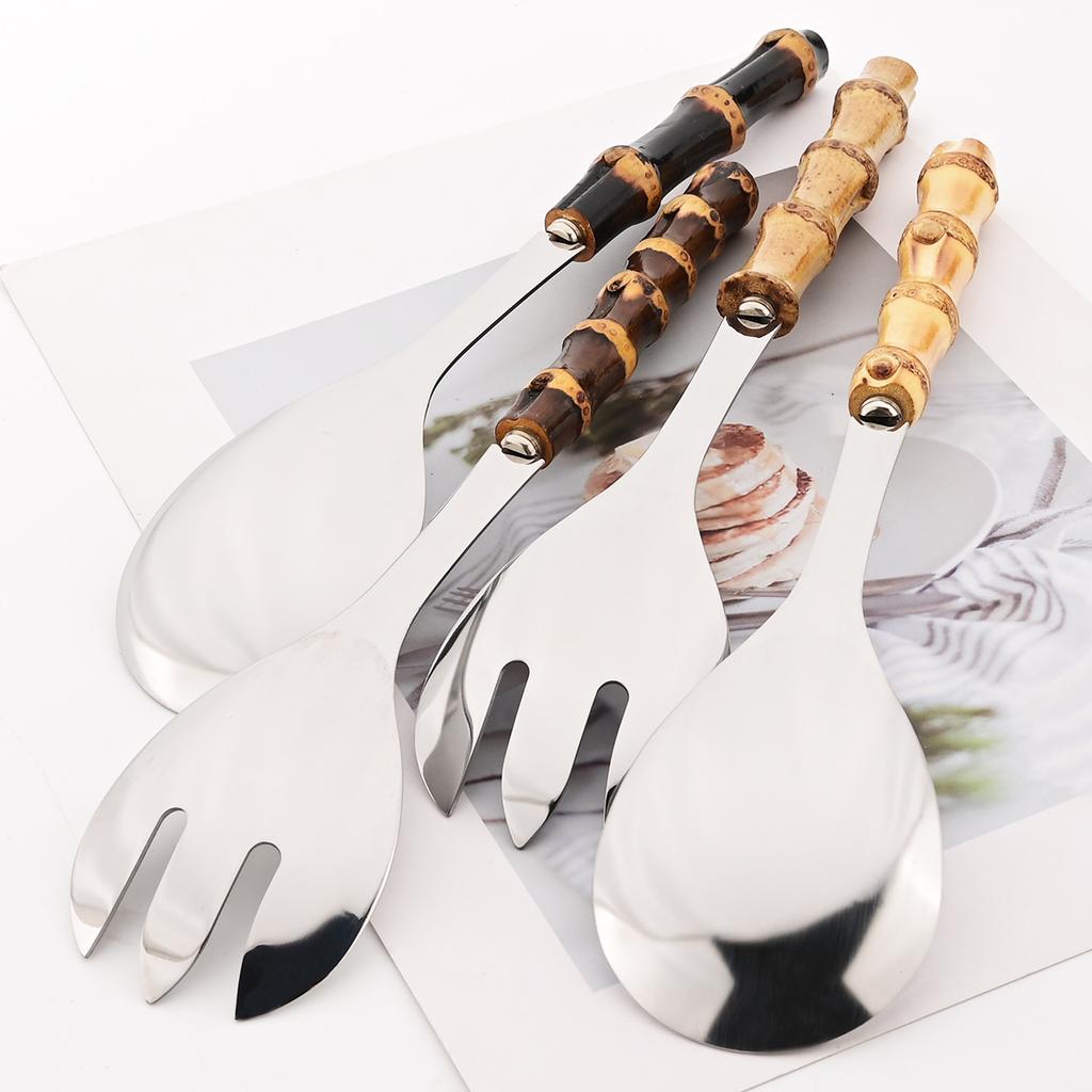 Набор столовых приборов из 2/4 предметов с бамбуковой ручкой, вилка для салата, ложка, набор столовых приборов, зеркальная нержавеющая сталь, столовые приборы в западном стиле для дома, кухни, стола