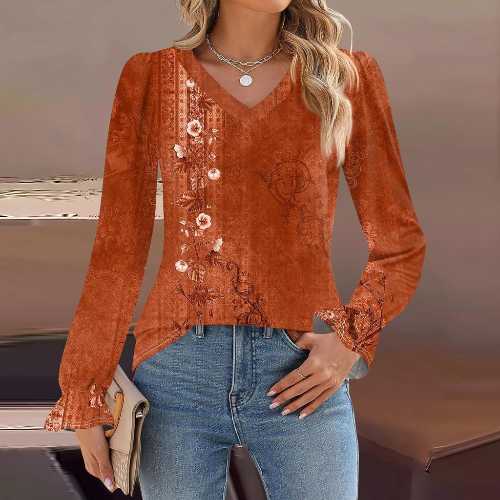 Women's Daily Casual Long-sleeved Striped Printed V-neck Top