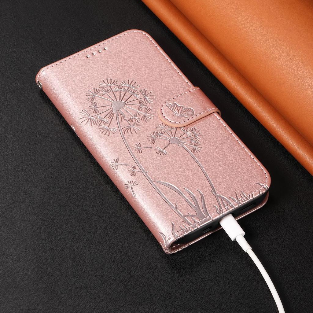 Leather Wallet Flip Case For OPPO A57S A77 A15 A15S A16 A16S A54S A17 A96 4G 5G Dandelion Embossed Design, Card Slots, Wrist Strap