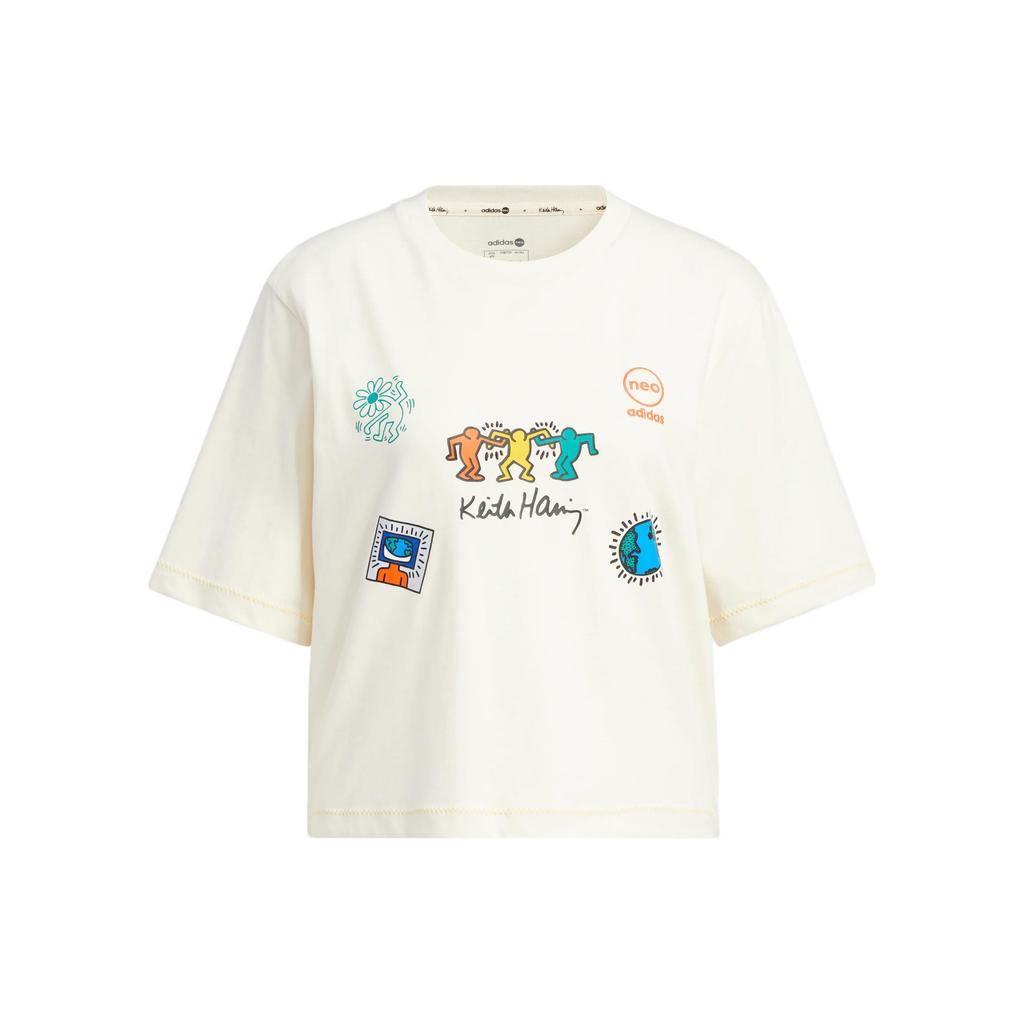 Adidas Neo Keith Haring Cartoon Print Round Neck Sports Short Sleeve T-Shirt Women Tops Off-White HD7252