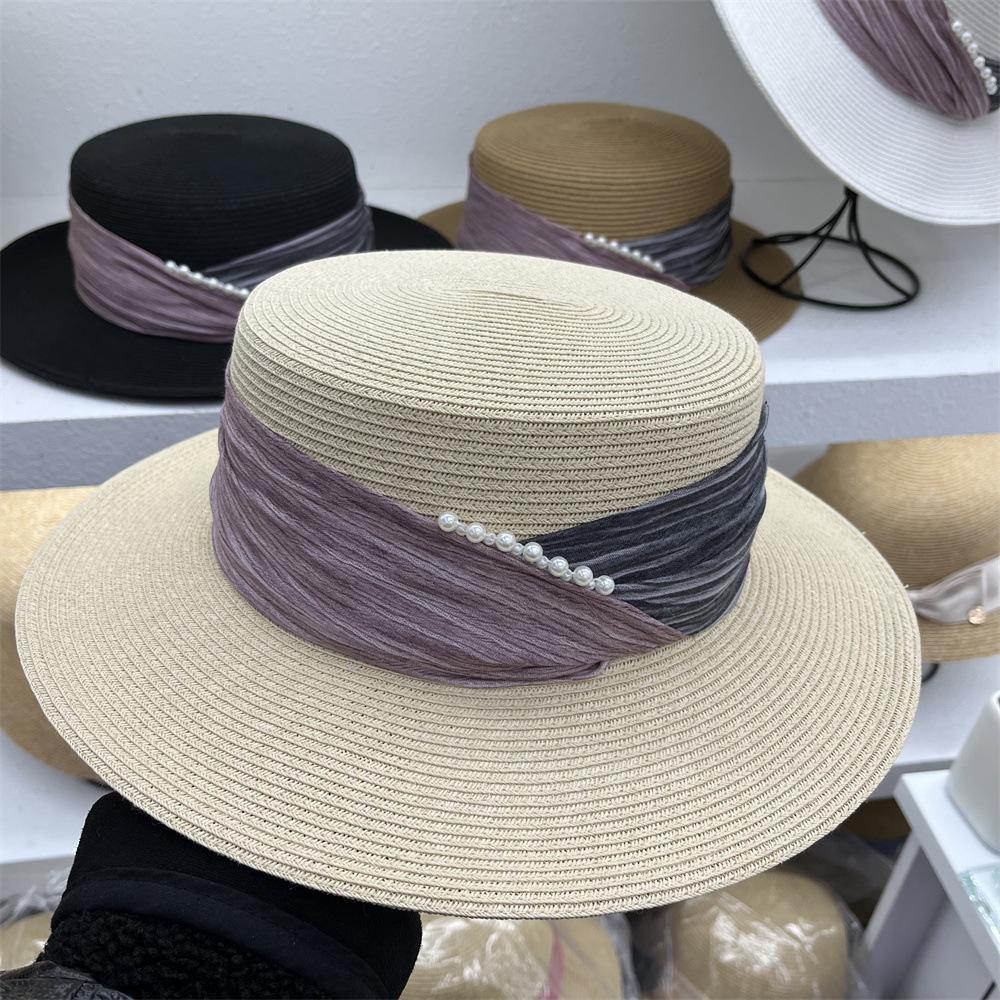 Celebrity Temperament Elegant Pearl Straw Hat Women's Summer Vacation Pleated Cloth Flat Top Sunscreen Visor