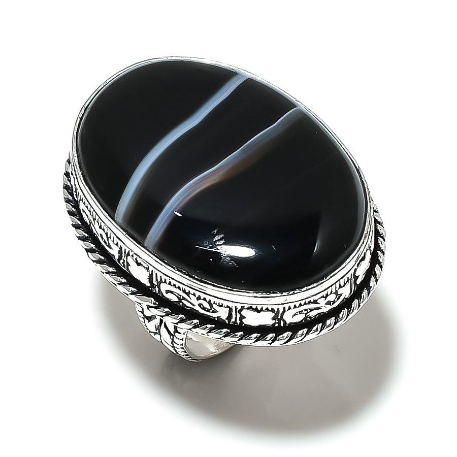 Полосатый агат Ручная работа Серебро 925 пробы Подарок Ювелирное изделие Кольцо Размер 7 C8Z04