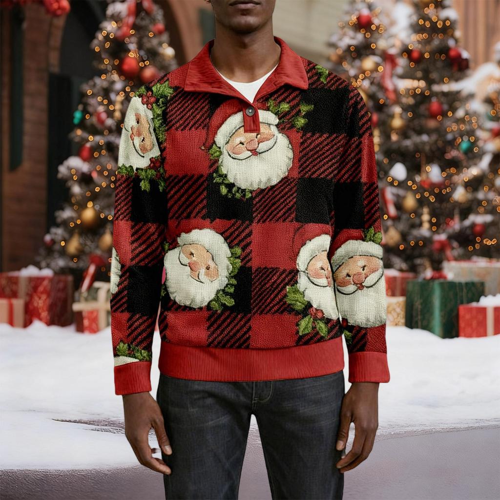 Мужская рождественская хлопковая рубашка-пуловер с длинным рукавом для активного отдыха, винтажная вельветовая рубашка с воротником-стойкой и пуговицами, повседневная толстовка с рождественским принтом