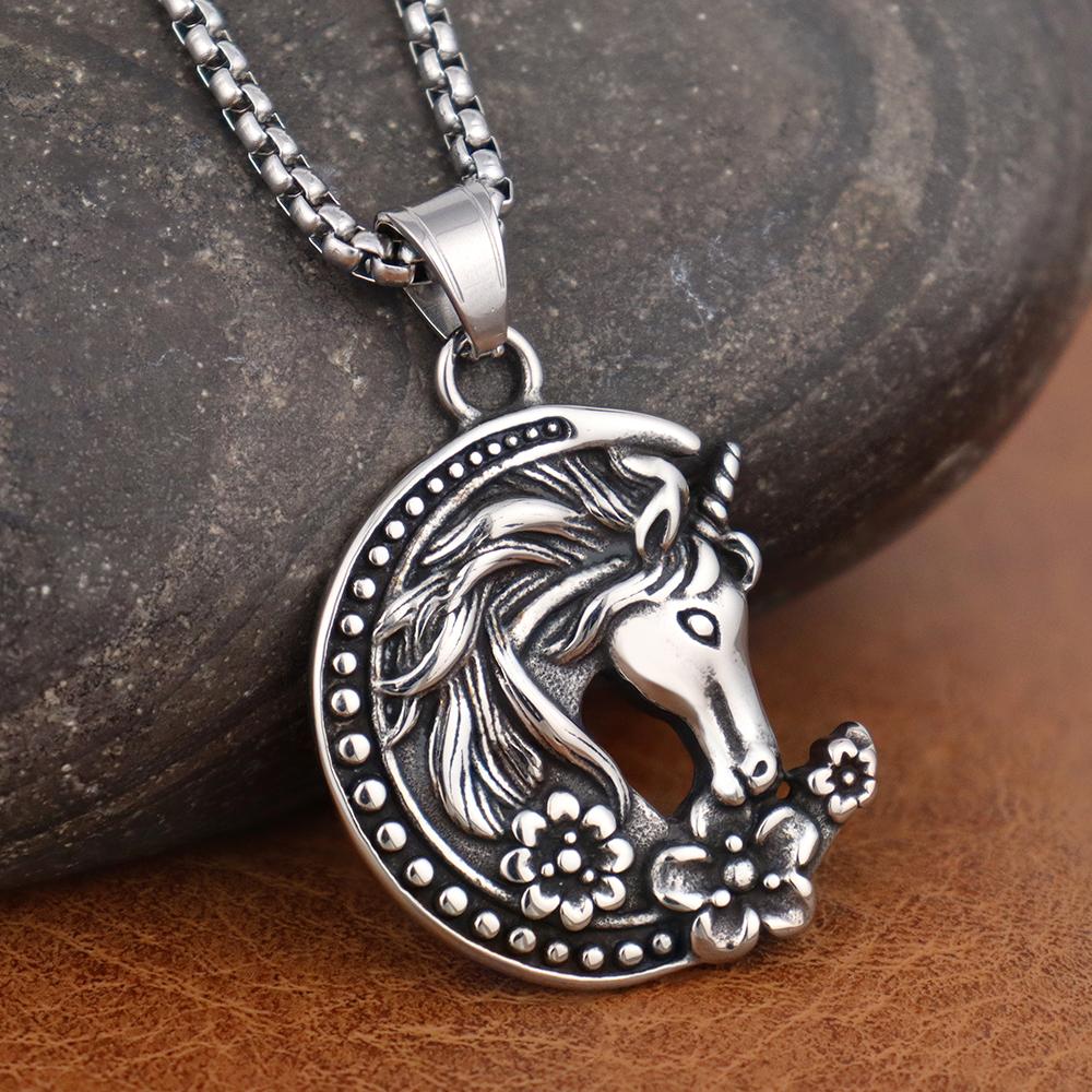 Fashion Charm Moon Unicorn Pendant Popular Stainless Steel Horse Head Necklaces For Men Women Amulet Jewelry Gifts