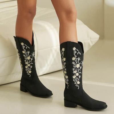 2024 Осень Новая женская обувь Модные вышитые цветы Острый носок Сапоги до середины икры Толстый каблук Вестерн Ковбойские сапоги Botas Mujer