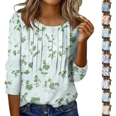 Женский топ с круглым вырезом, декоративными пуговицами и полосками, повседневная футболка однотонного цвета с рукавом 3/4