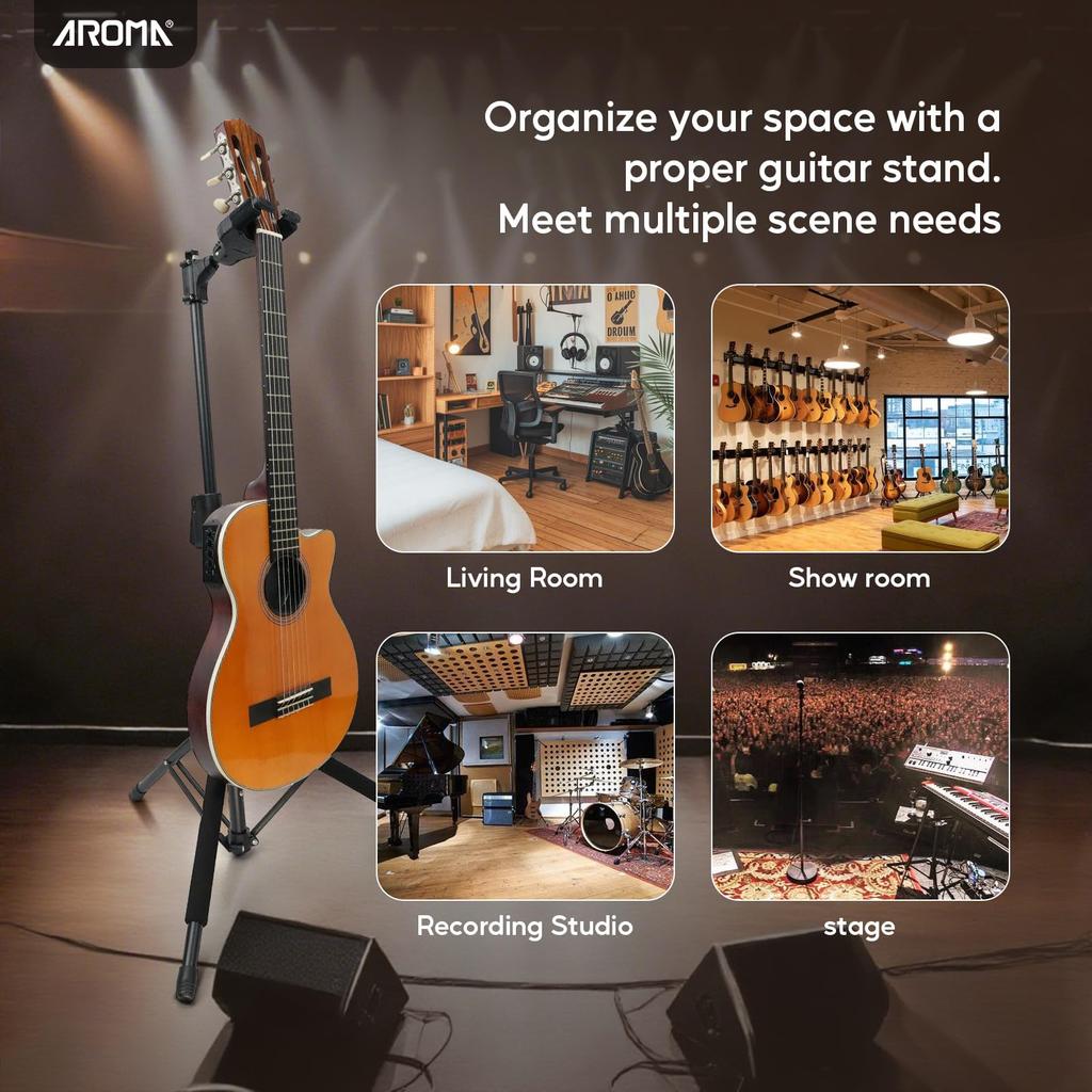 Aroma Portable Guitar Floor Stand with Neck Height Stable Compatible with Guitars and Basses Stand, Tripod-Style Auto-Lock Holder, One-Touch