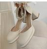Gentle and Simple Bow Small Thick Heel High Heels Women's 2025 New Summer Pearl French Mary Jane Shoes