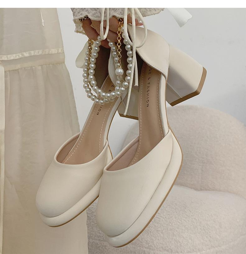 Gentle and Simple Bow Small Thick Heel High Heels Women's 2025 New Summer Pearl French Mary Jane Shoes