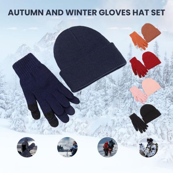 Winter Warm Knitted Gloves And Hat Set for Men And Women Soft Skull Cap And Touch Screen Gloves Set for Cold Weather