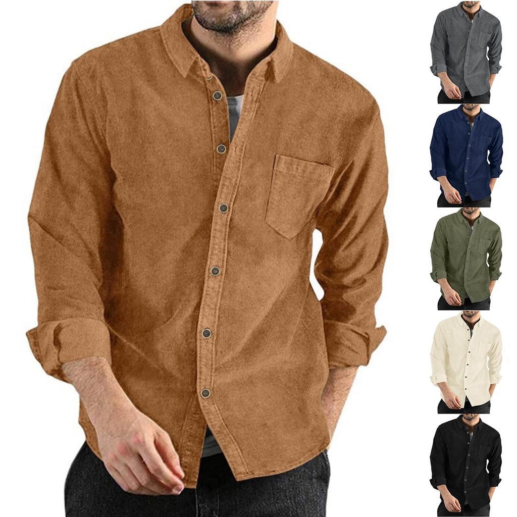 Men's Casual Loose And Fashionable Lapel Solid Color Sporty Long-sleeved Men's Button-down Corduroy Shirt Top