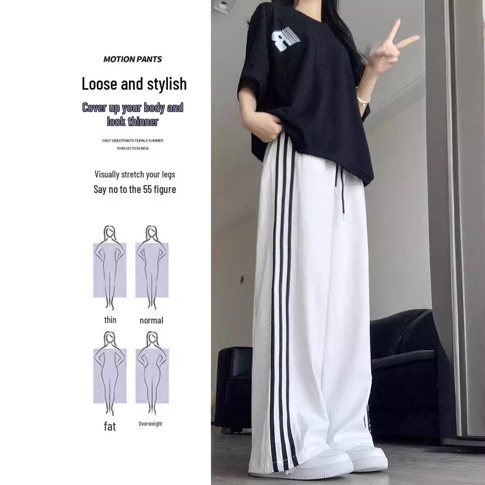 Women's High-Waist White Quick-Dry Wide-Leg Pants - Ice Silk, Anti-Mosquito, UV Protection, Summer Drape with Side Stripes