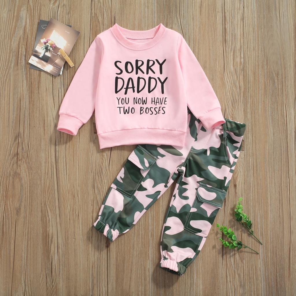 2 Pcs Infant Casual Outfits, Girls Letter Print Long Sleeve Round Neck Sweatshirt + Camouflage Pants with Pockets