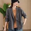 Johnature Woman Autumn Casual Solid Color Loose Long Sleeves Coat Splicing V-Neck Chinese Style Vintage Coat