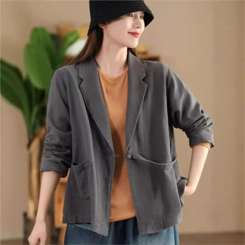 Johnature Woman Autumn Casual Solid Color Loose Long Sleeves Coat Splicing V-Neck Chinese Style Vintage Coat