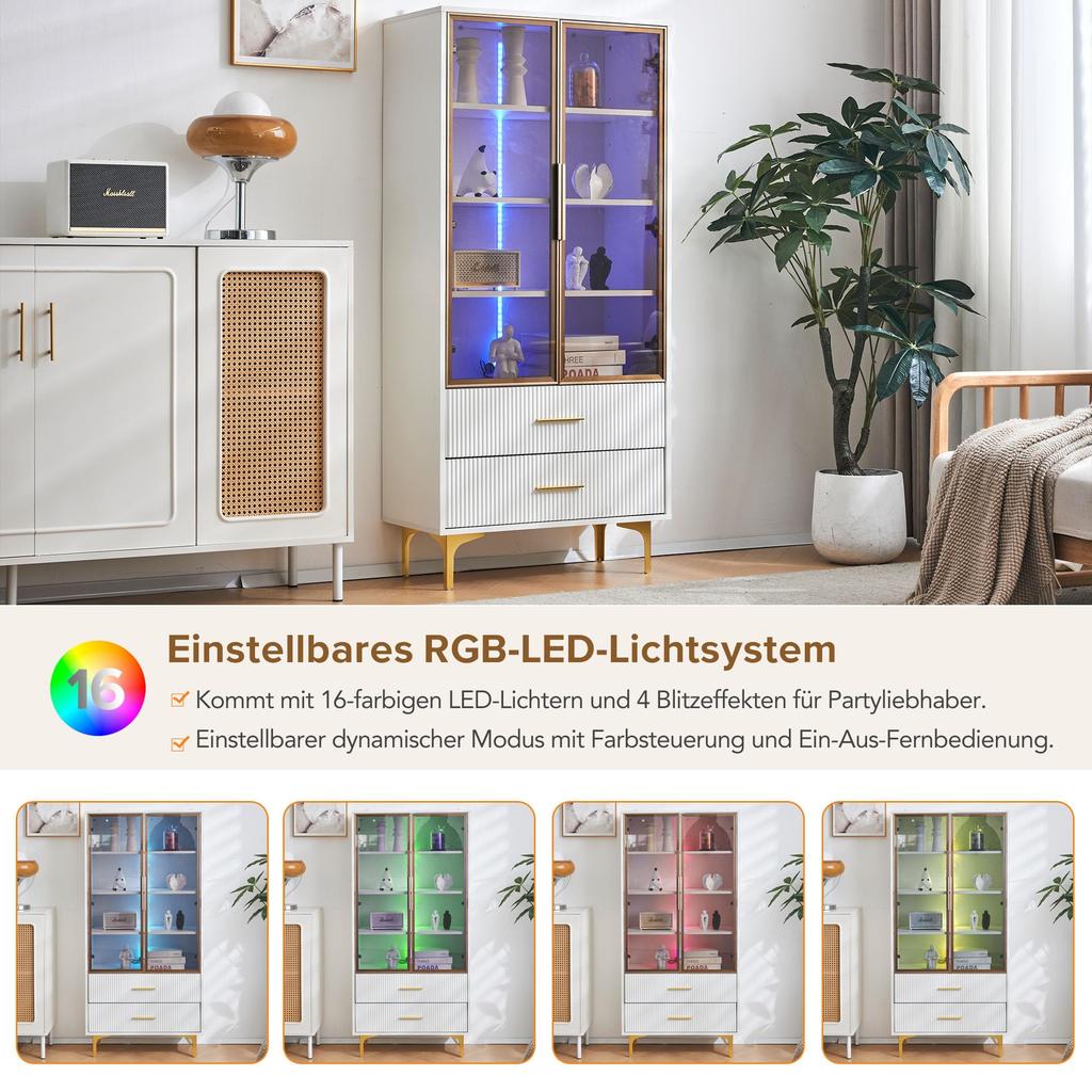 Glasvitrine LED-Lichtern, Weiß 2 Türen & 2 Schublade, Modern Bücherschrank verstellbaren Einlegeböden, Metallbeine, Wohnzimmer Büro Esszimmer