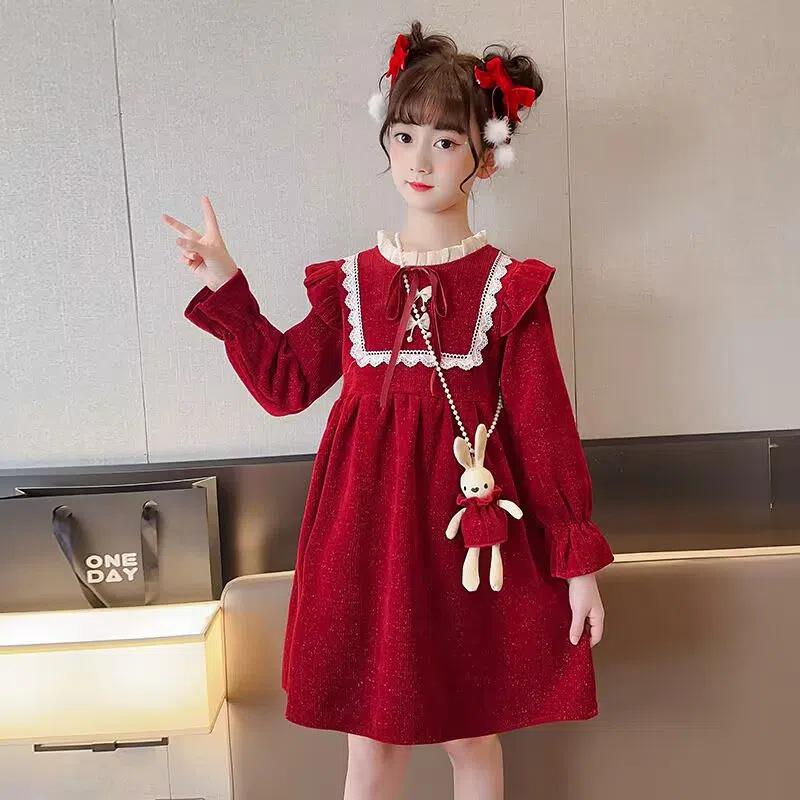 Красное новогоднее платье принцессы для девочек - модная юбка в зимнем стиле с небольшим ароматом