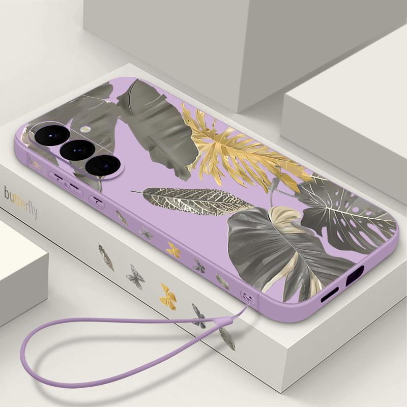 Силиконовый чехол для телефона с узором из увядших листьев для Samsung Galaxy A56 A17 A26 A16 A36 A55 A54 A53 A15 S24 S25 S25 S22 S23 Plus с шнурком, мягкий чехол