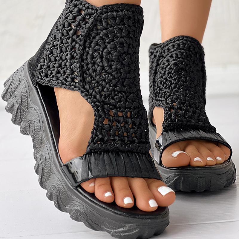 Sandals Women Braided Geometric Wedge Sandals Knitted Elastic Summer Shoes Mesh Flat Sandals Hollow Female Platform Shoes Gold