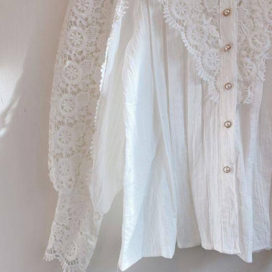 Женская рубашка, кружевная блузка с воротником-стойкой и рукавами-лепестками