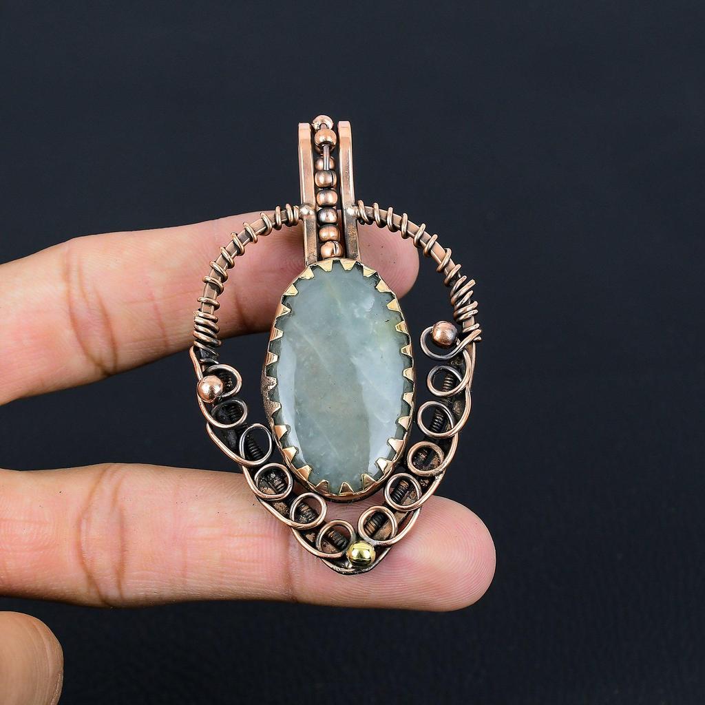 Amazing Aquamarine Gemstone Handmade Jewelry Pure Copper Wire Wrapped Pendant