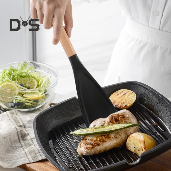 Silicone Cooking Spoon Salad Shovel Spatula Heat Resistant Wooden Handle Kitchen Utensils for Nonstick Cookware