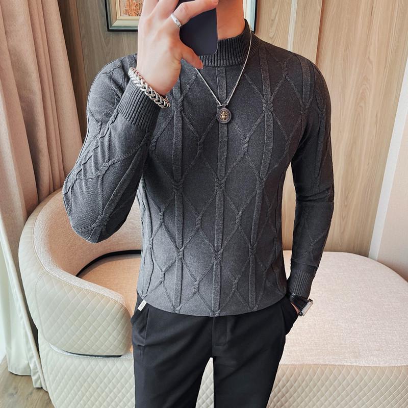 Men's Slim Fit Korean Style Half Turtleneck Knit Sweater - Long Sleeve, Versatile, and Stylish for Autumn and Winter