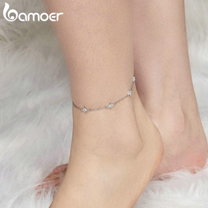 BAMOER 925 Sterling Silver Four-Leaf Clover Anklet Exquisite Sparkling Versatile Anklet For Women Fine Jewelry Party