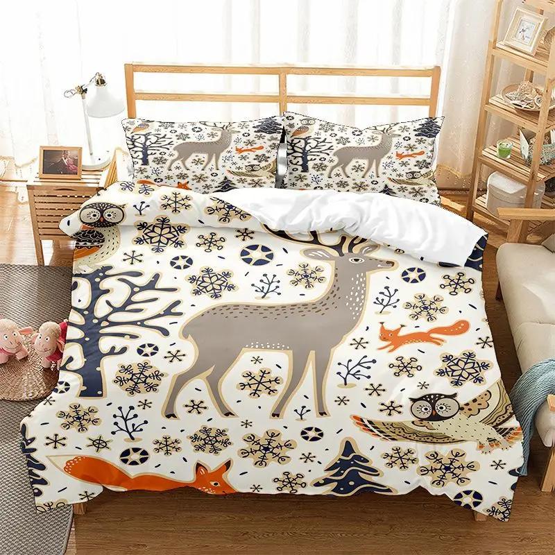 Рождественский комплект постельного белья с изображением оленя, размер King Queen, размер Twin, мягкий, с декором в виде рождественских елок и снежинок, праздничный комплект постельного белья, покрывало