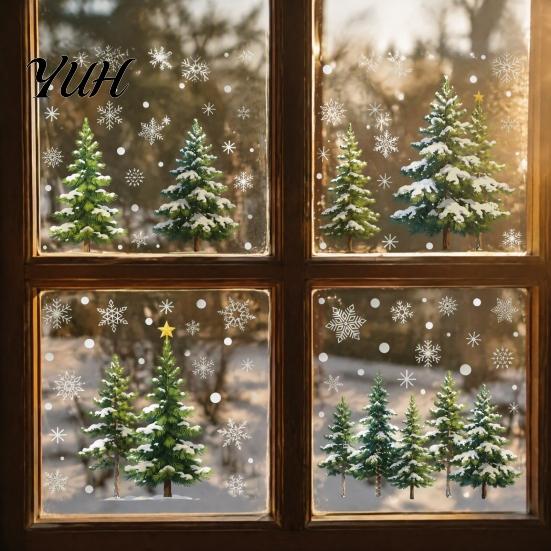 Reusable Glass Adhesive 2Pcs Christmas Snowflake Window Clings, Winter Green Pine Tree Static Decorative Film Stickers, Snow Dots Xmas Decals for Home